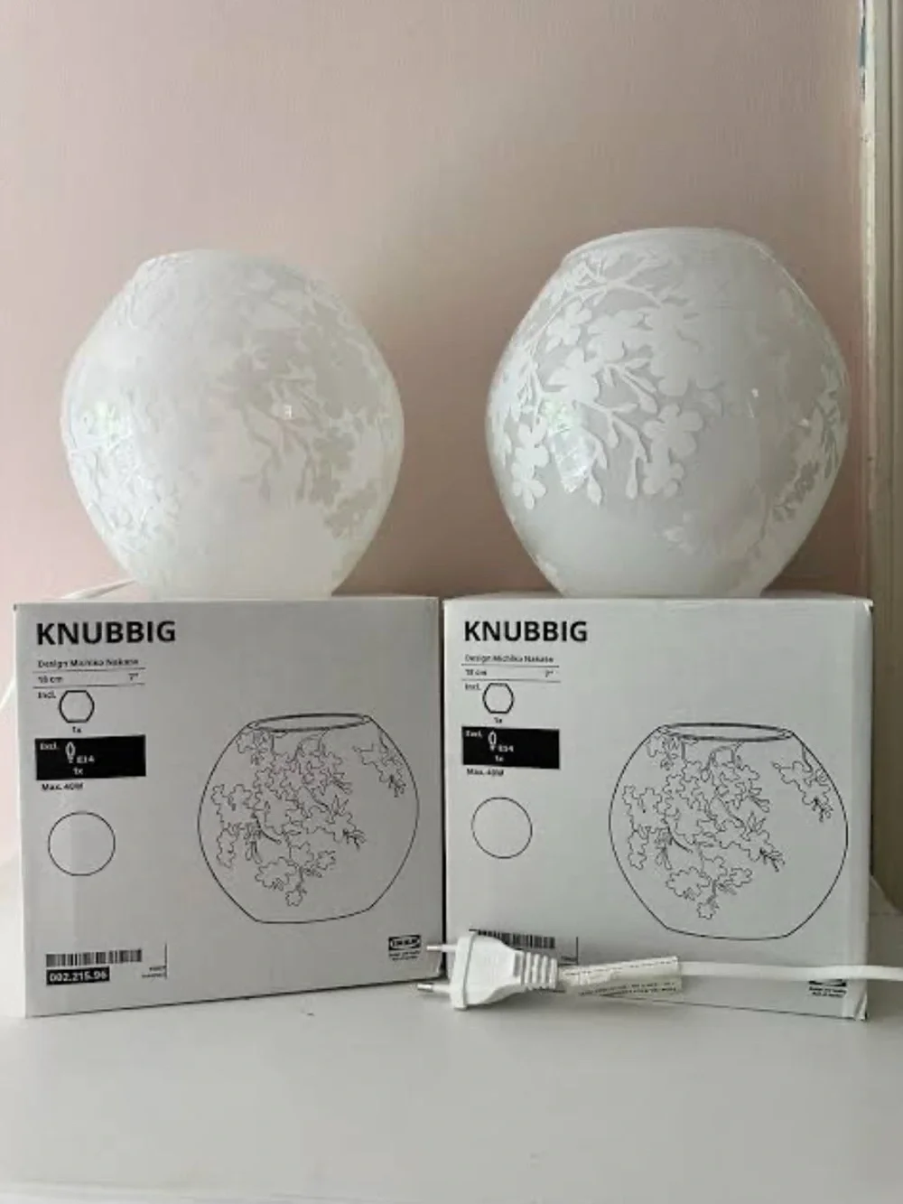 IKEA White Floral Glass Globe Table Lamps (Pair)